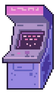 Pixel art of an arcade game with a pink, blue, and gray color palette.